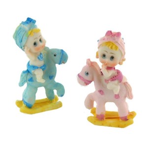 Figurine de Naissance pour G&acirc;teau - B&eacute;b&eacute; sur Cheval &agrave; Bascule 9 cm (4 pcs)