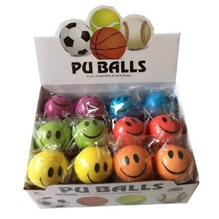 BALLES PU VISAGE JOYEUX &Oslash;10 CM EN PR&Eacute;SENTOIR (36 pcs)
